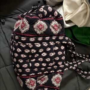 Vera Bradley Black Quilted Shoulder Bag with Red and Cream Medallions